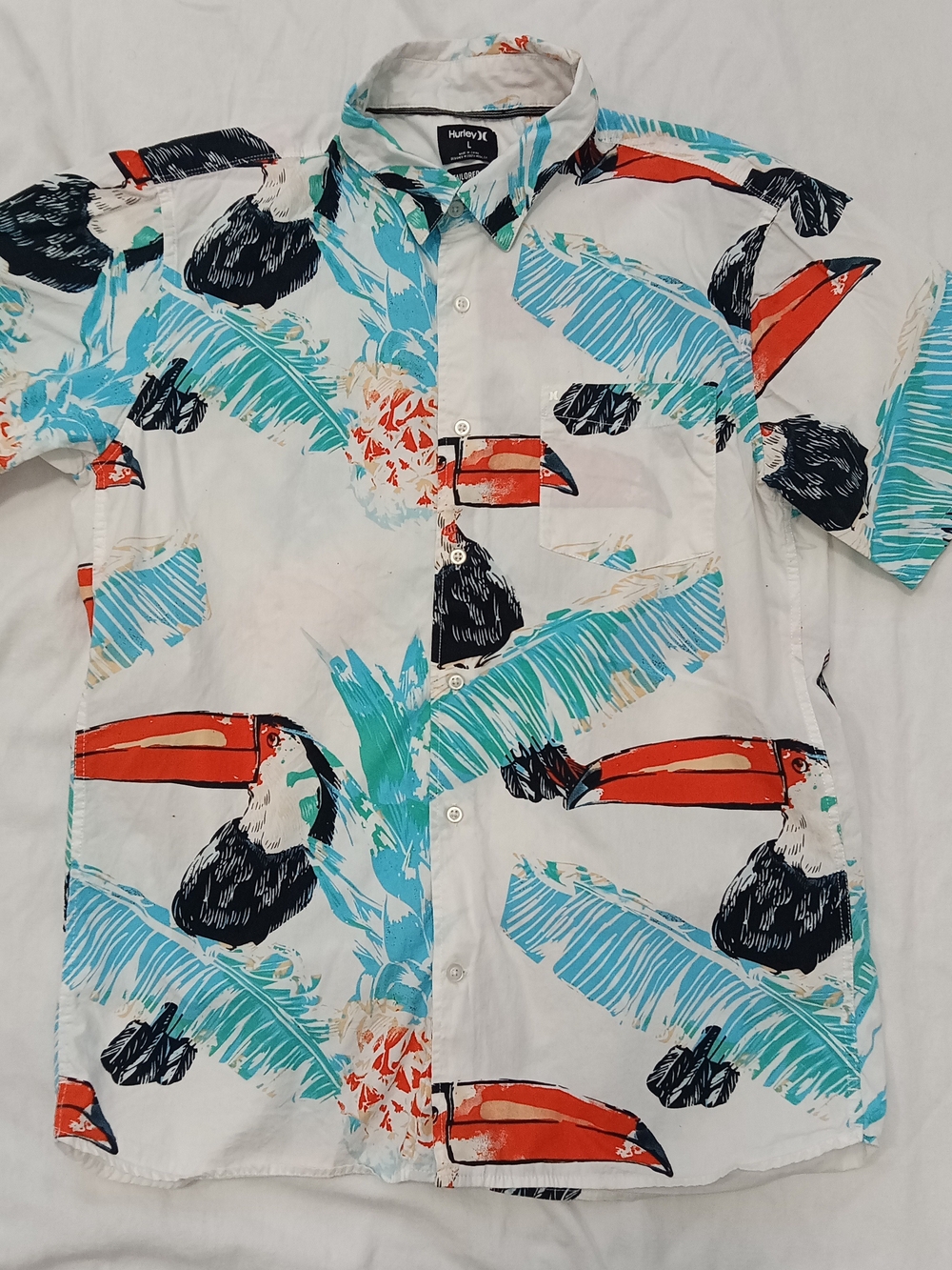 Hurley Men’s White Hawaiian Tropical Toucan Print Lge Cotton Short-Sleeve Shirt